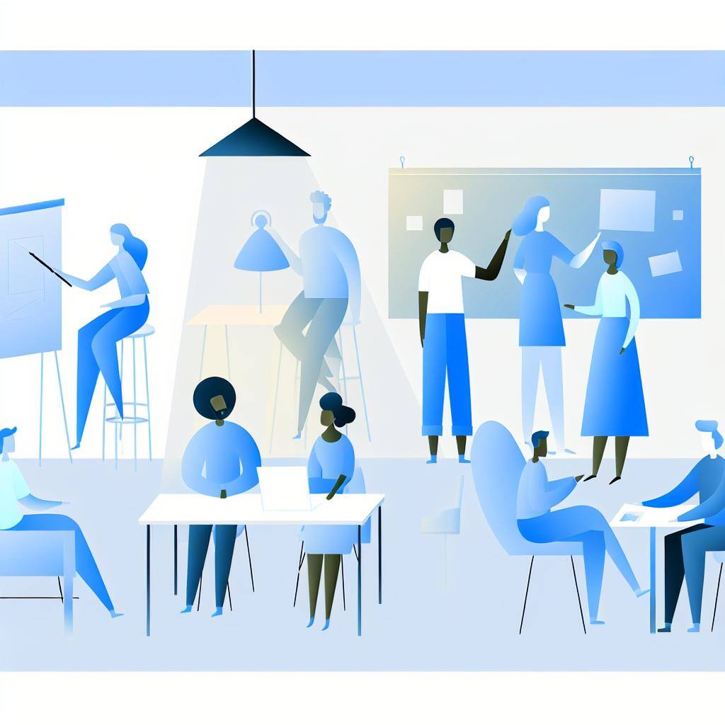 Light blue graph simple people working in office